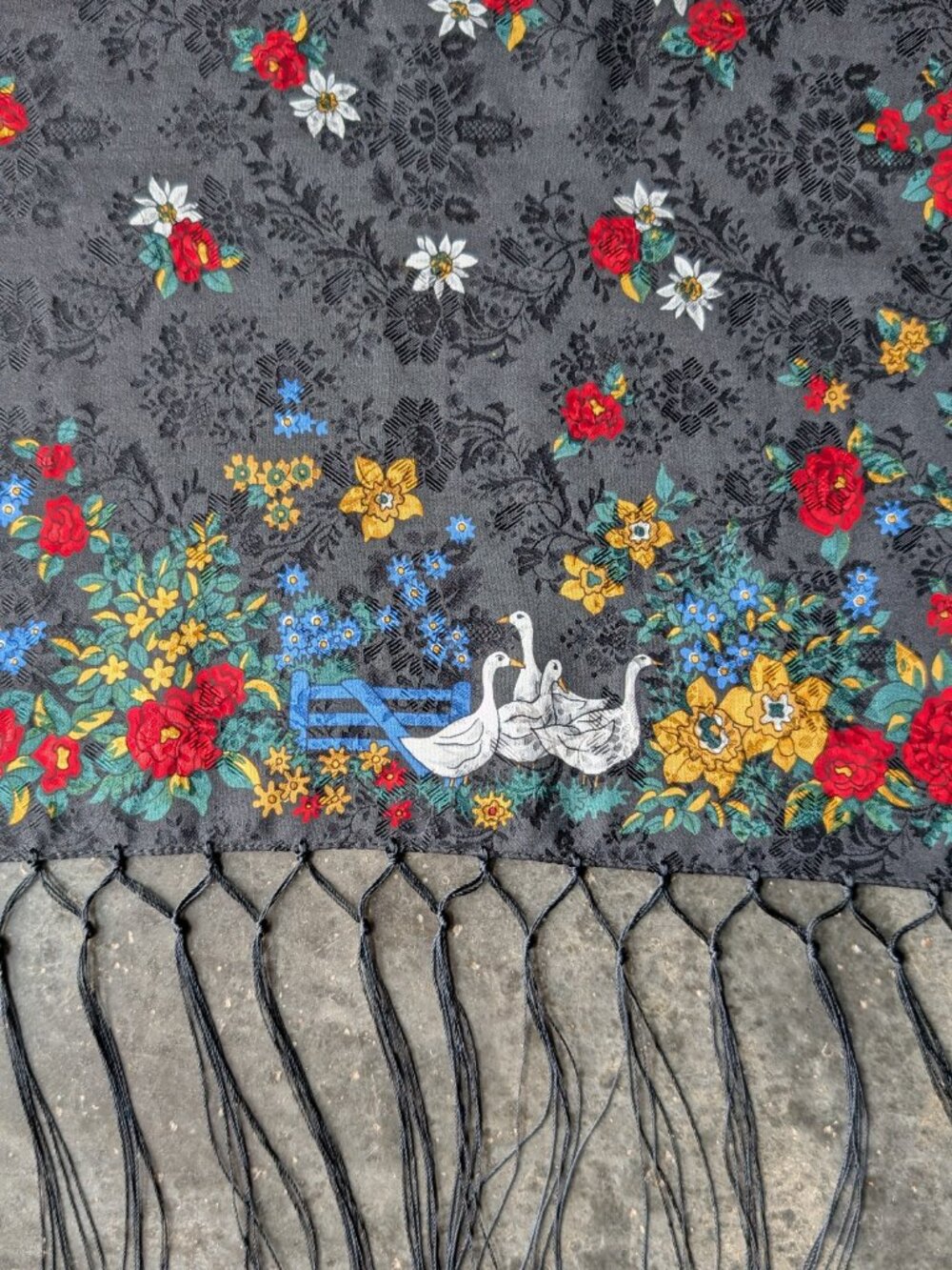 Vintage Silk Goose Scarf Black Floral Fringe Square Scarf - Picture 4 of 8
